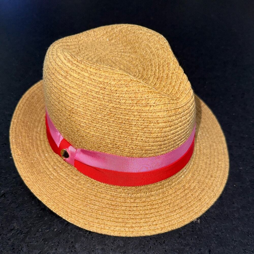 NEW KATE SPADE TAN TRILBY BICOLOR PINK RED BAND FEDORA HAT GOLD SPADE NWT - Picture 2 of 10
